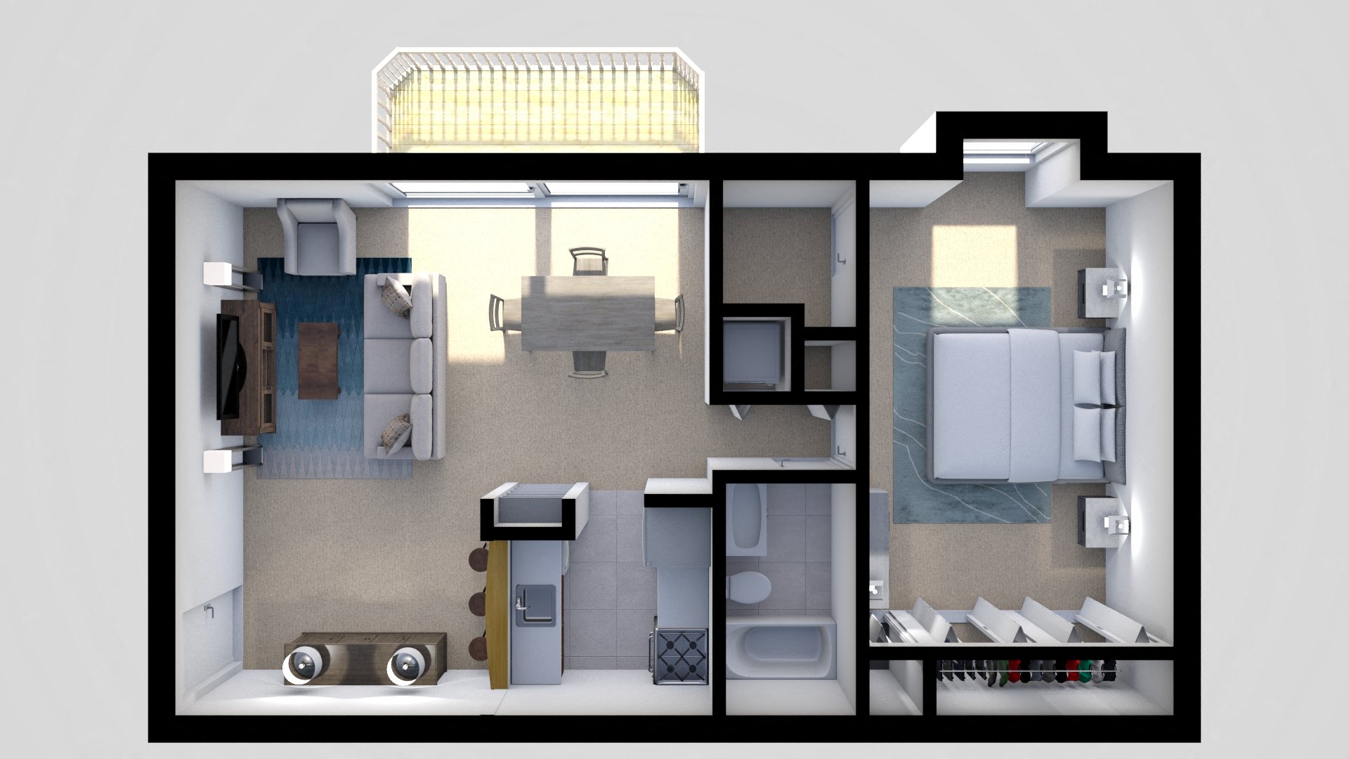 Floor plan for 1 bed, 1 bath, 726 sqft
